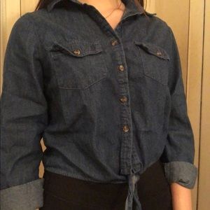 denim button down shirt with tie front